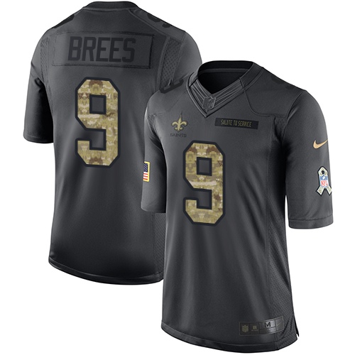 Men's Limited Drew Brees Nike Jersey Black - #9 2016 Salute to Service NFL New Orleans Saints